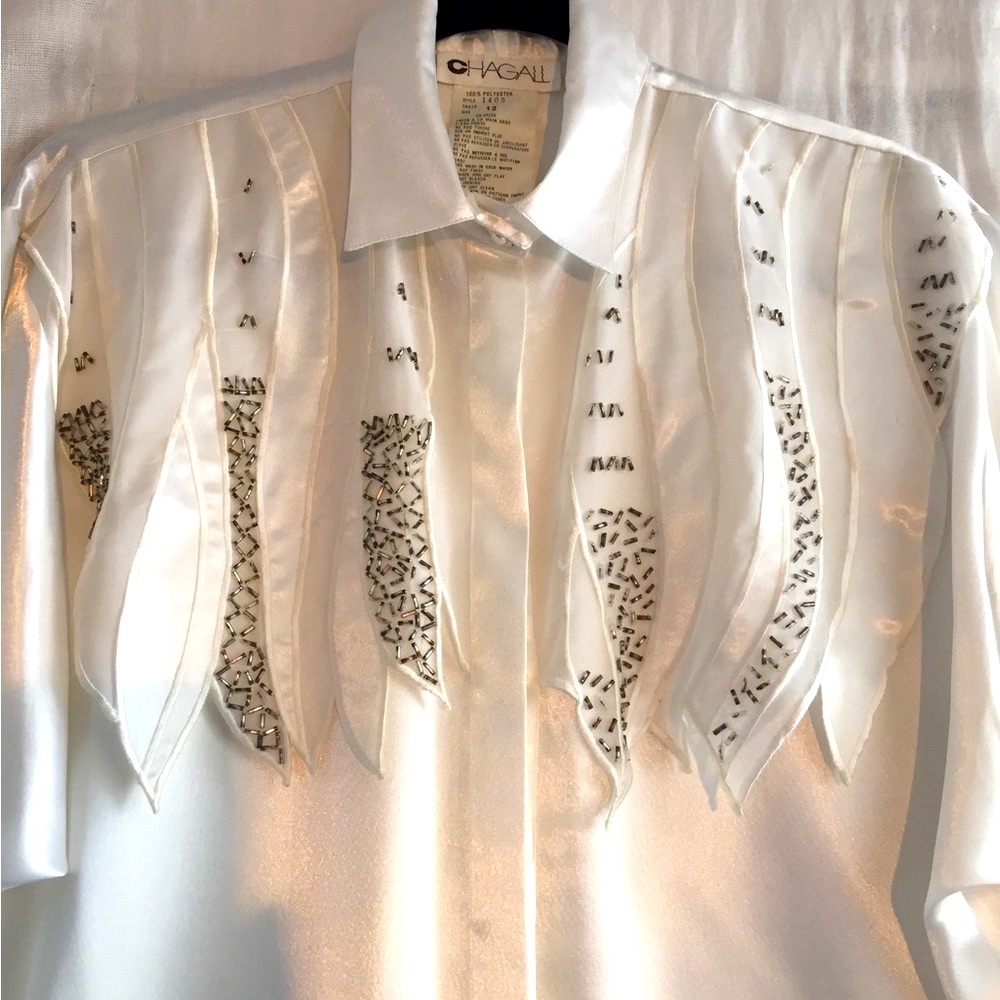Elegant white satin and beaded blouse,intricate Details, classic style
